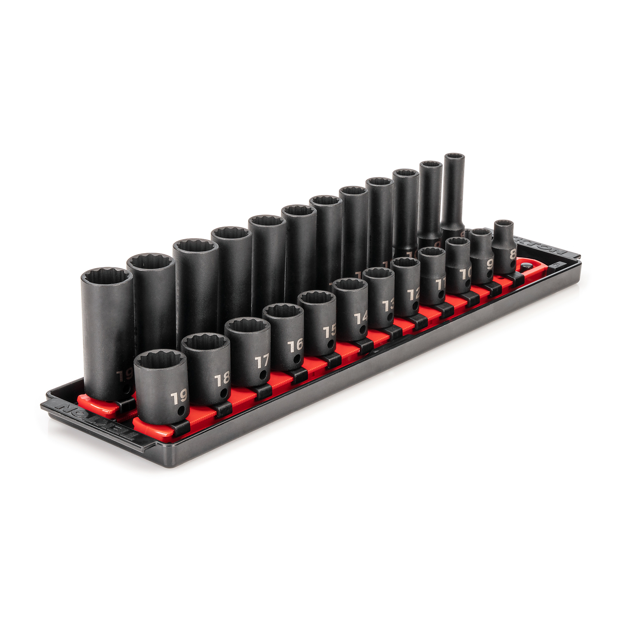 TEKTON 3/8 Inch Drive Shallow and Deep 12-Point Impact Socket Set with Rails and Tray, 24-Piece (8 - 19 mm) | SID91213